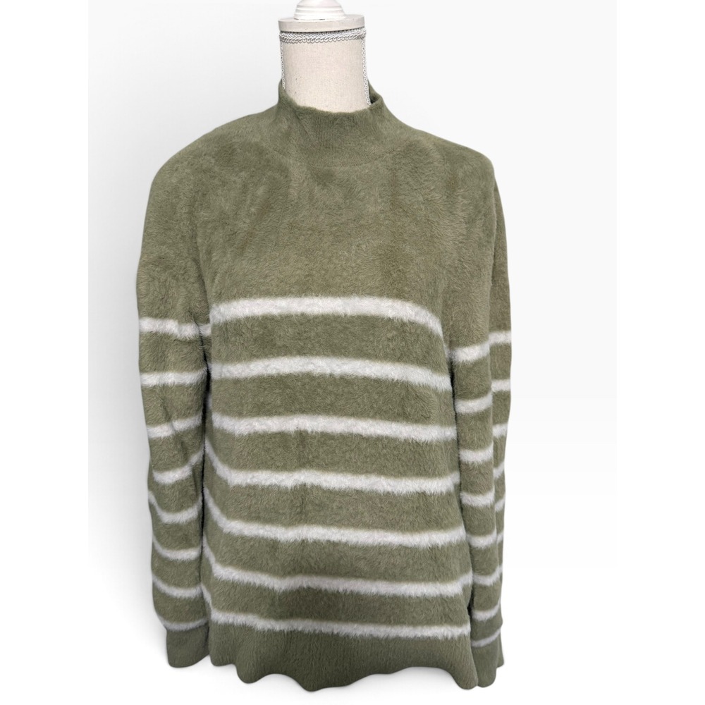 Bailey 44 Sage Green White Striped Fuzzy Mock Neck Sweater Womens Large